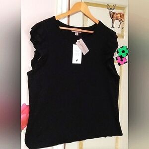 PHILOSOPHY🐞Ribbed Black Double Ruffle Sleeve Tank Top Sz:2X